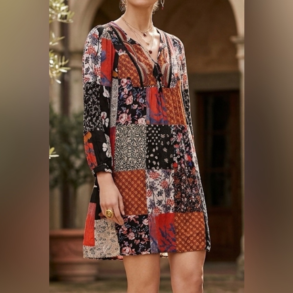 One September Patchwork Floral Mini Dress XS Embroidered Beaded Boho A511080